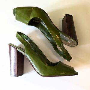 Vintage Nine West Olive Green Slingback Wooden Peep Toe Genuine Leather Heels